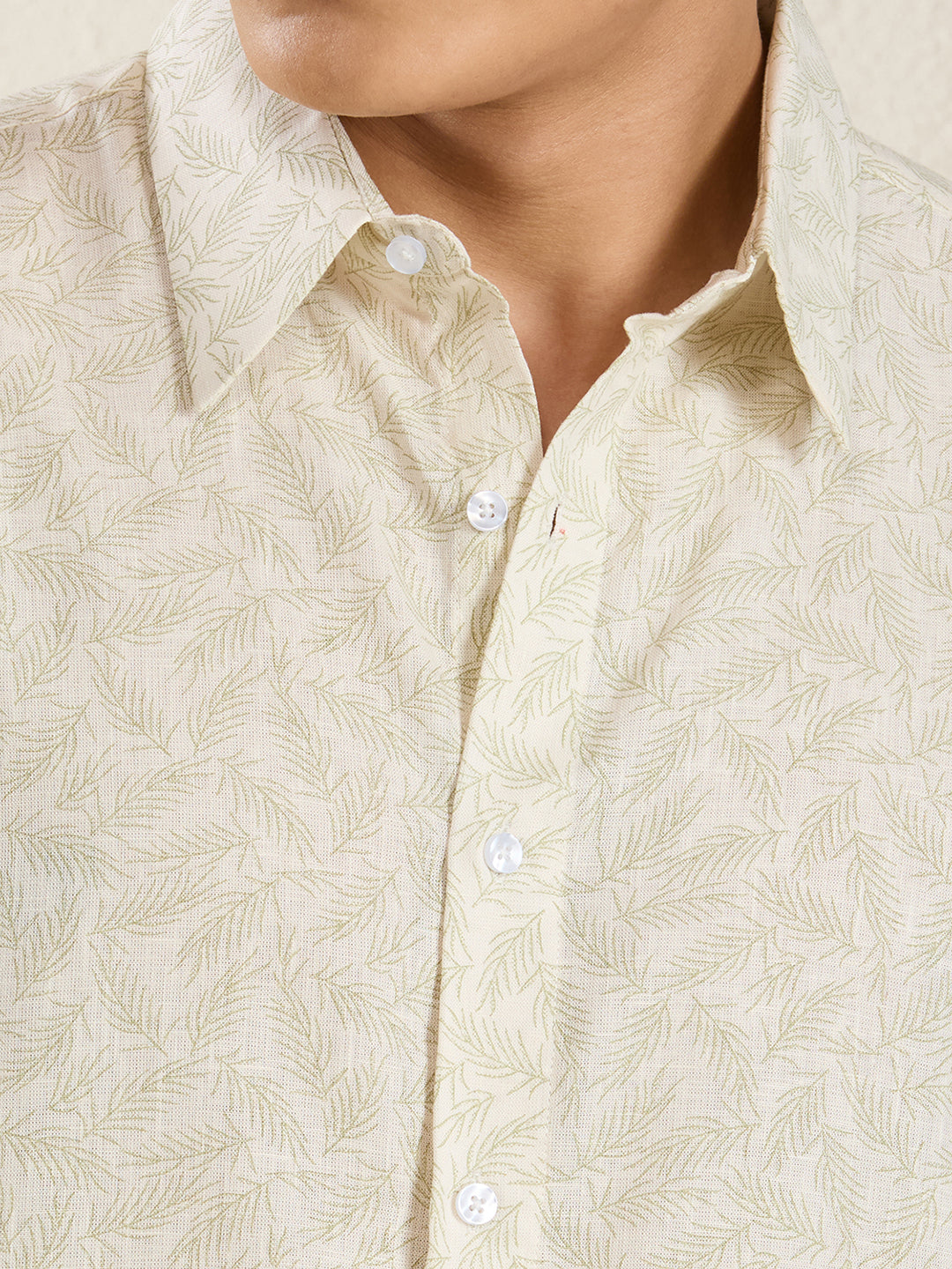 Men's Pure Linen Short Sleeve Beige Leaf Print Shirt