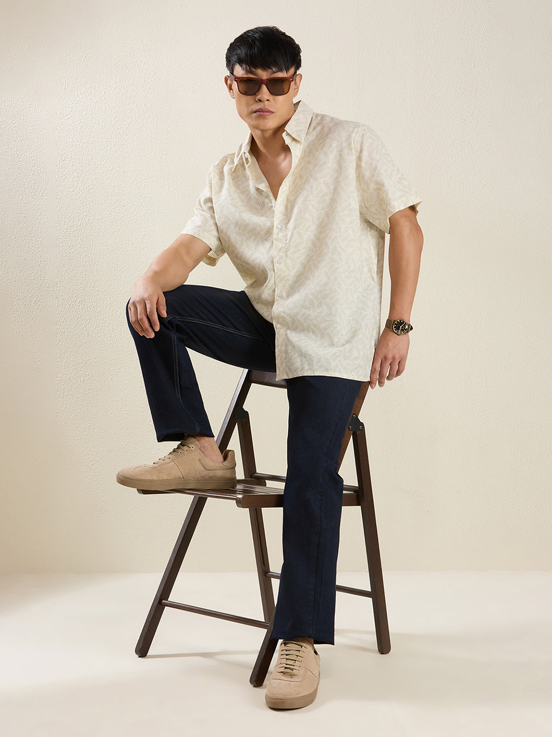 Men's Pure Linen Short Sleeve Beige Leaf Print Shirt