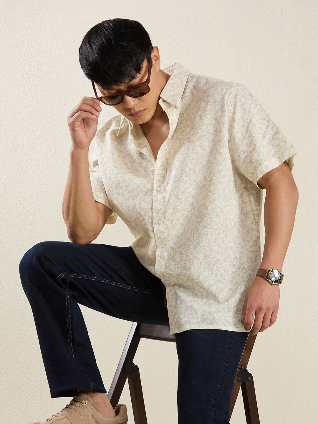 Men's Pure Linen Short Sleeve Beige Leaf Print Shirt