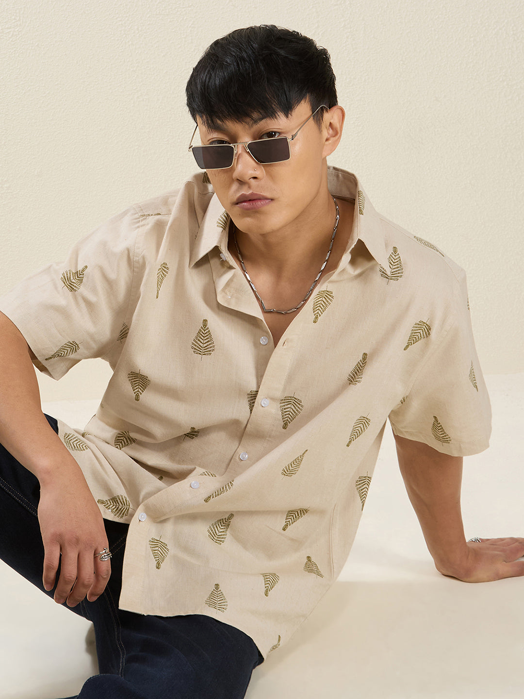 Beige Leaf Print Pure Linen Half Sleeve Shirt for Men