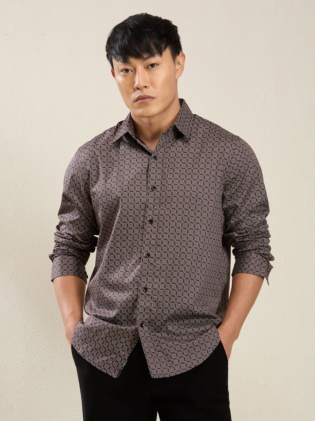 Men's Maroon Interlock Print Cotton Shirt