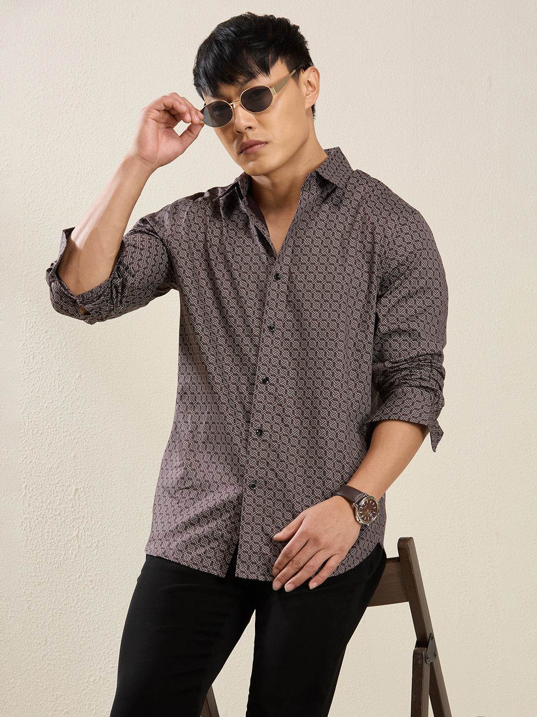 Men's Maroon Interlock Print Cotton Shirt