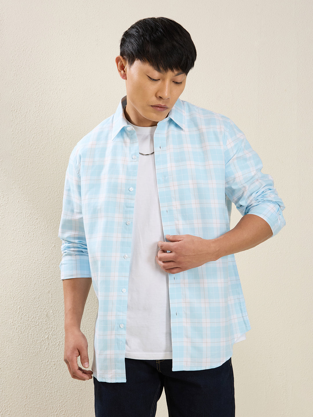 Men’s Sky Blue & White Checked Cotton Shirt