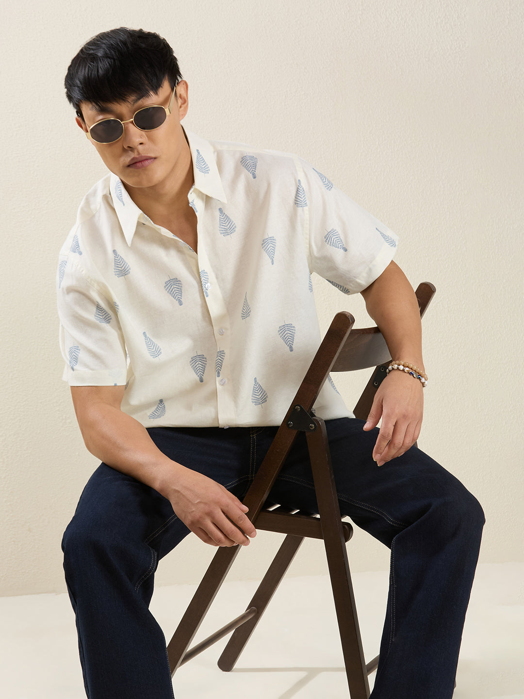 Off-White Blue Leaf Print Pure Linen Half Sleeve Shirt for Men