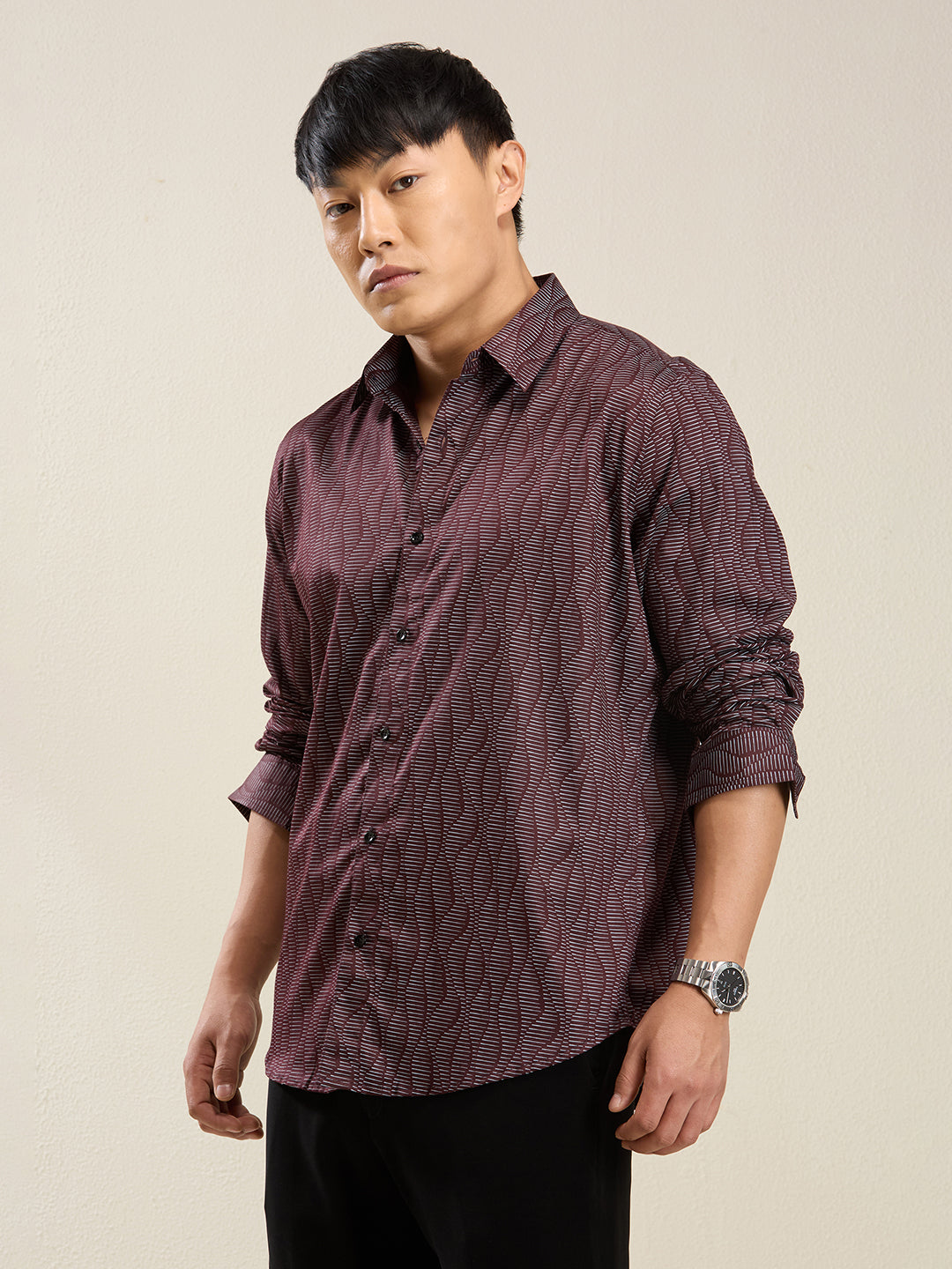 Men's Slim Fit Maroon Wave Print Casual Shirt