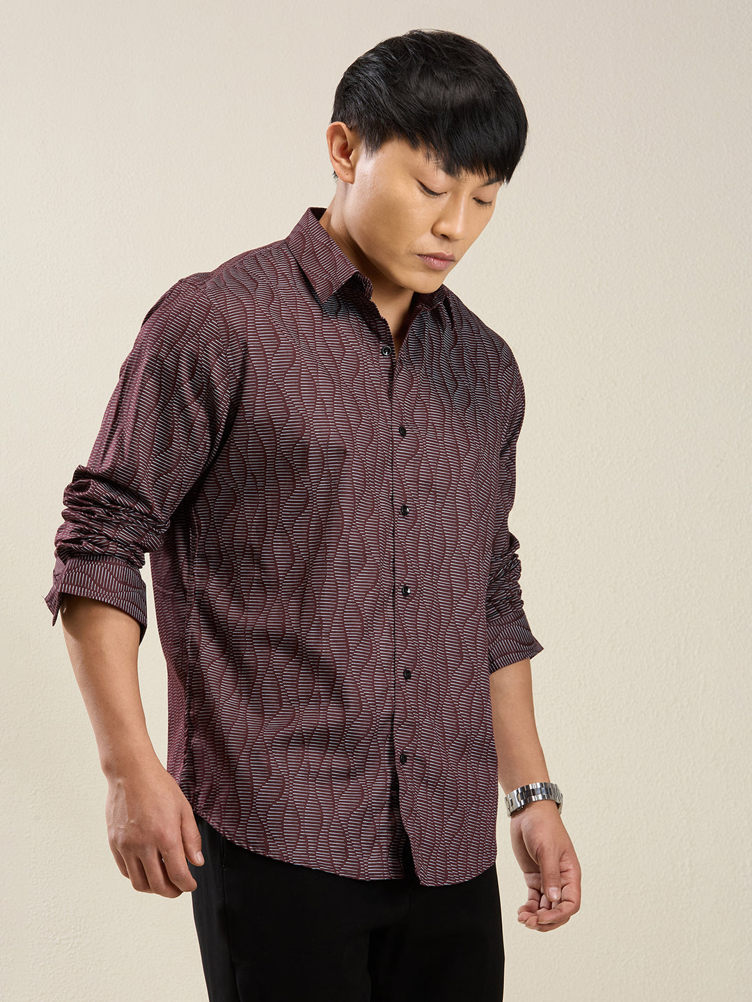 Men's Slim Fit Maroon Wave Print Casual Shirt