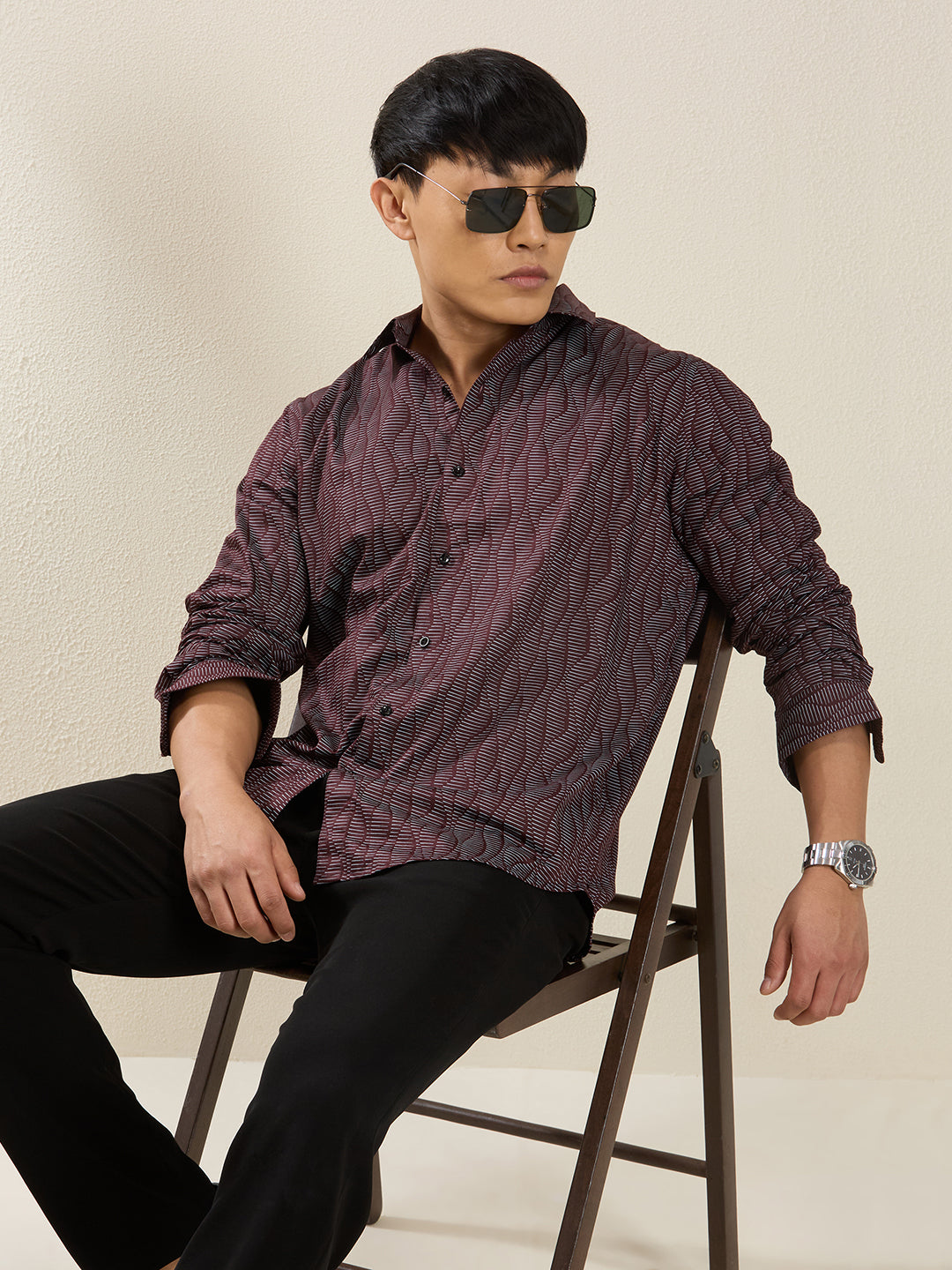 Men's Slim Fit Maroon Wave Print Casual Shirt