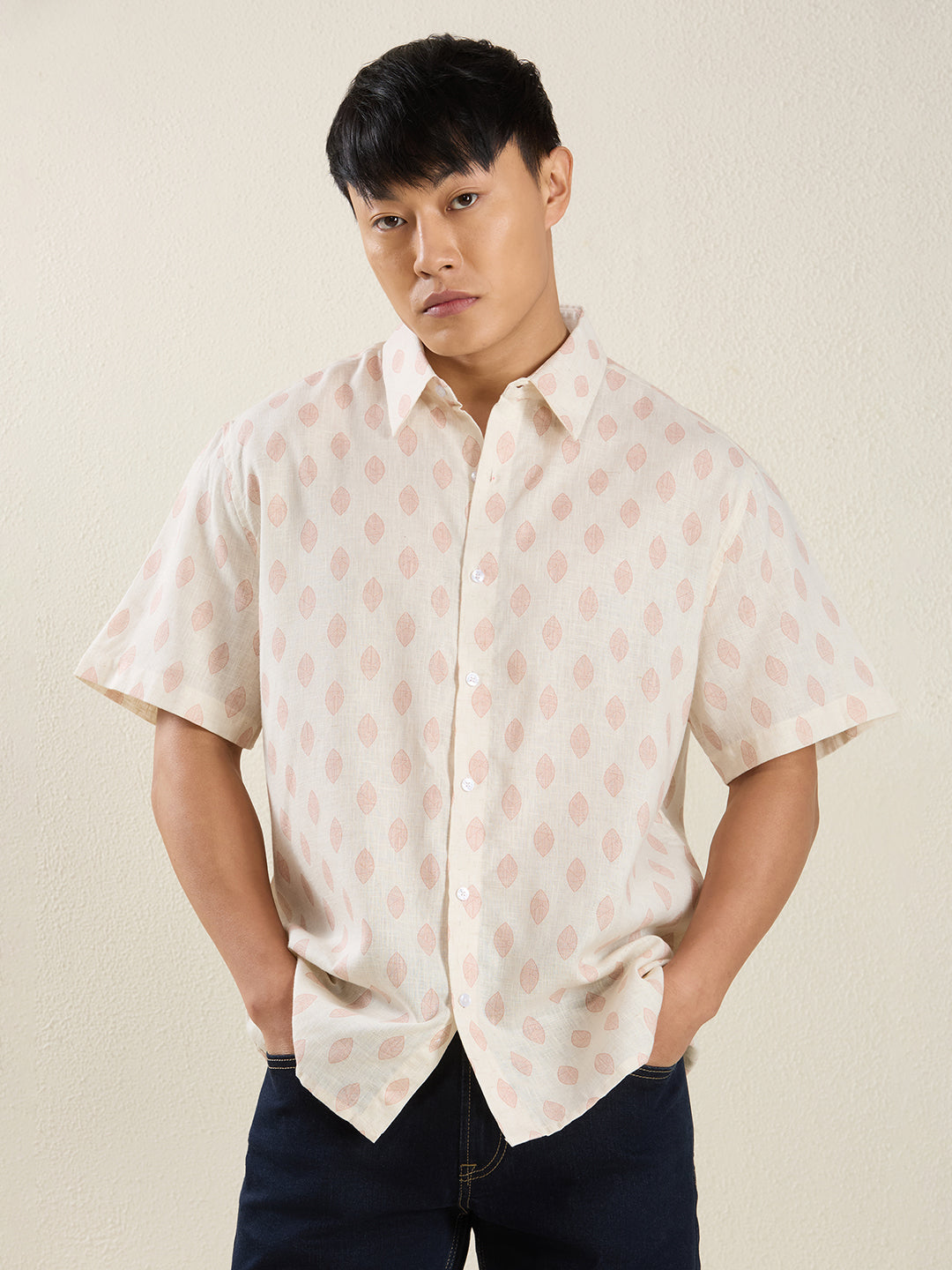 Relaxed Fit Linen Shirt in Cream & Pink Leaf Print