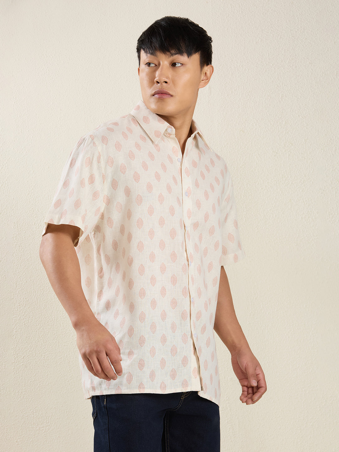 Relaxed Fit Linen Shirt in Cream & Pink Leaf Print
