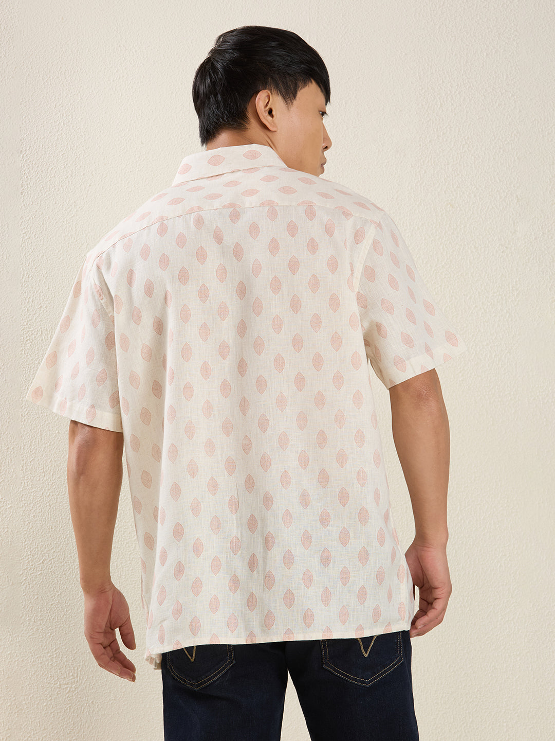 Relaxed Fit Linen Shirt in Cream & Pink Leaf Print