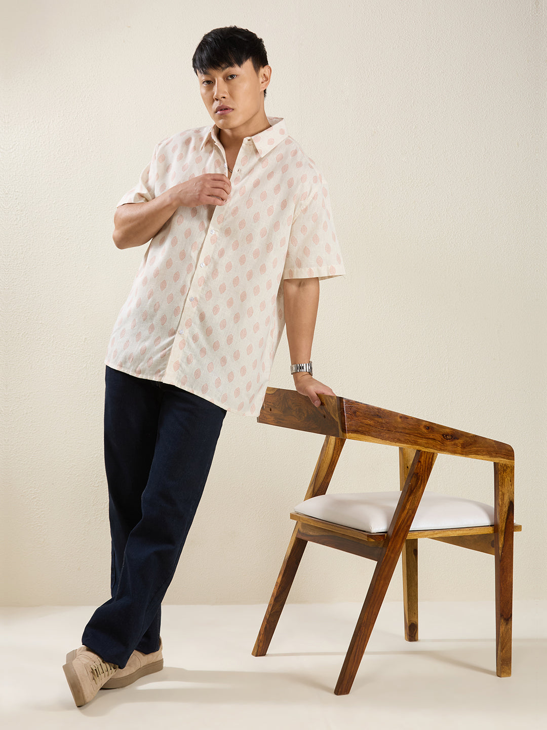 Relaxed Fit Linen Shirt in Cream & Pink Leaf Print