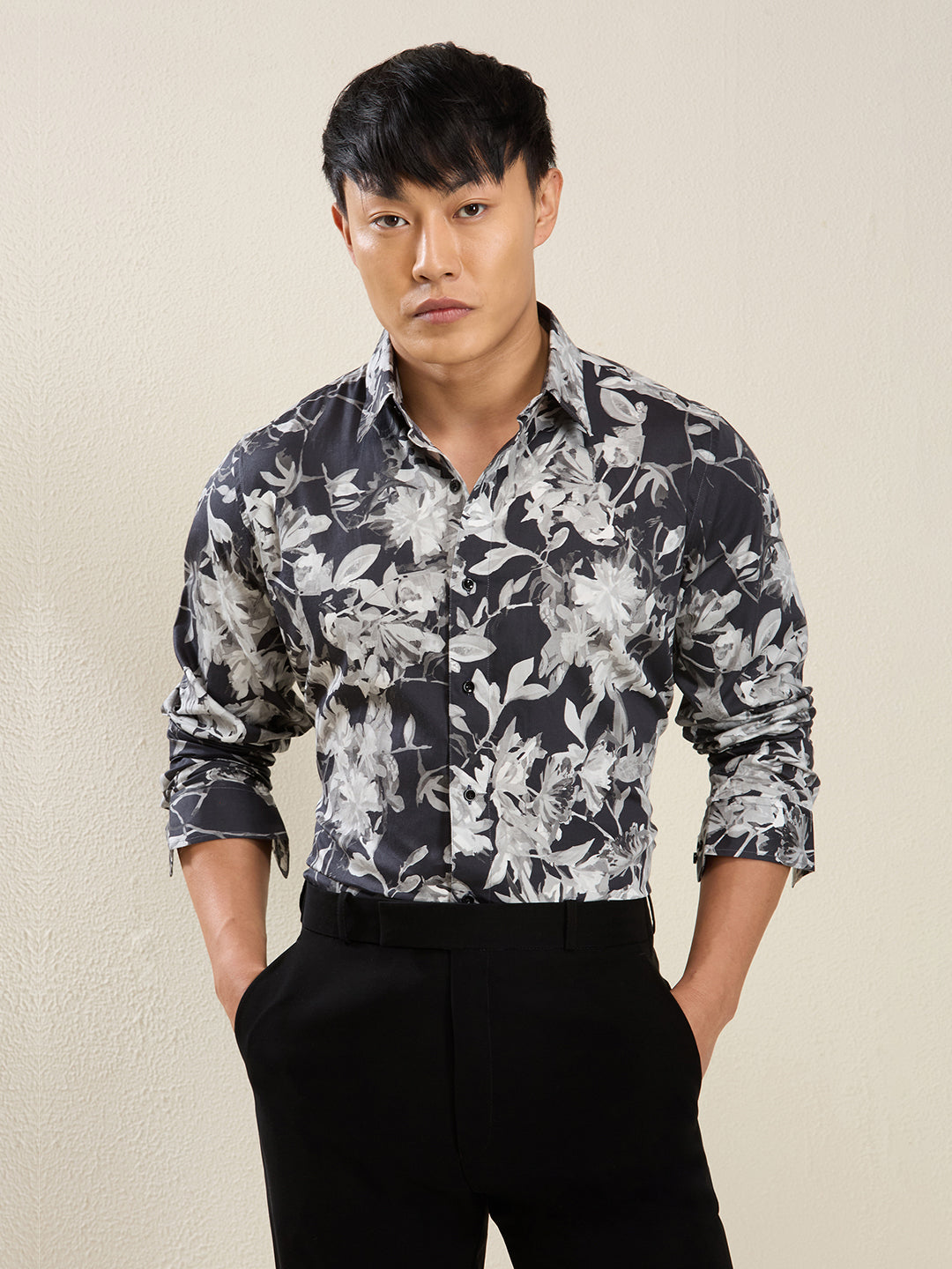 Men's Slim Fit Black & White Floral Print Cotton Shirt
