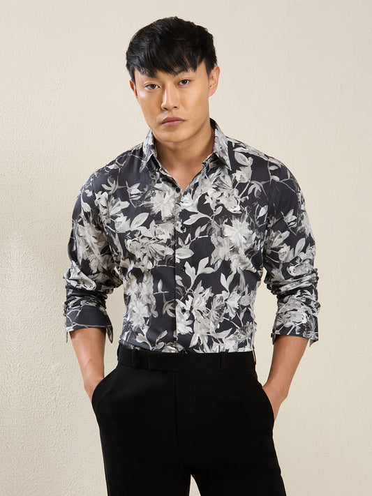 Men's Slim Fit Black & White Floral Print Cotton Shirt