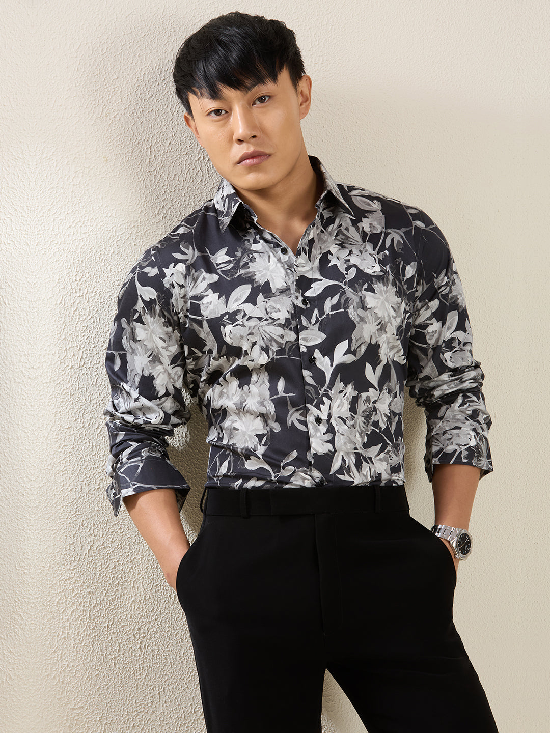 Men's Slim Fit Black & White Floral Print Cotton Shirt