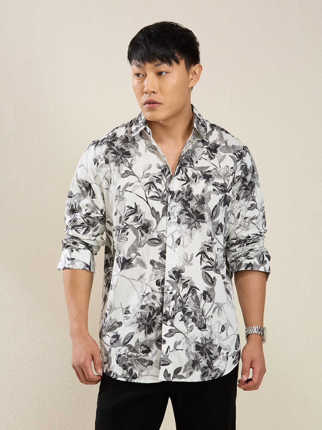 Men's Slim Fit Light Floral Print Cotton Shirt