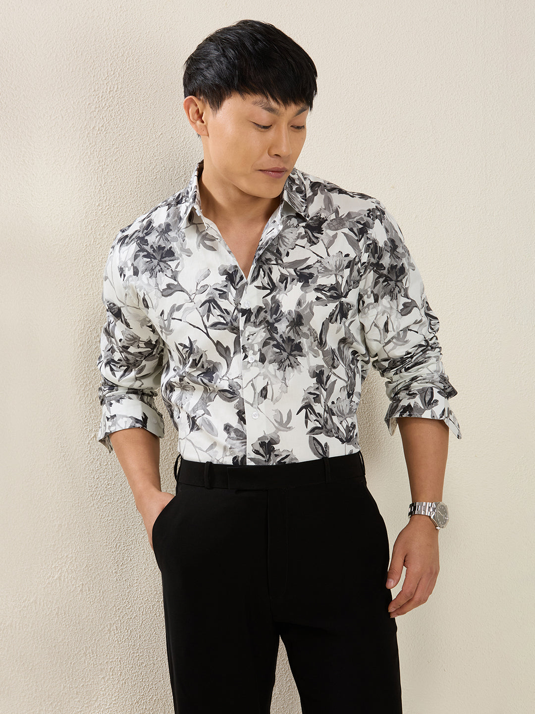 Men's Slim Fit Light Floral Print Cotton Shirt