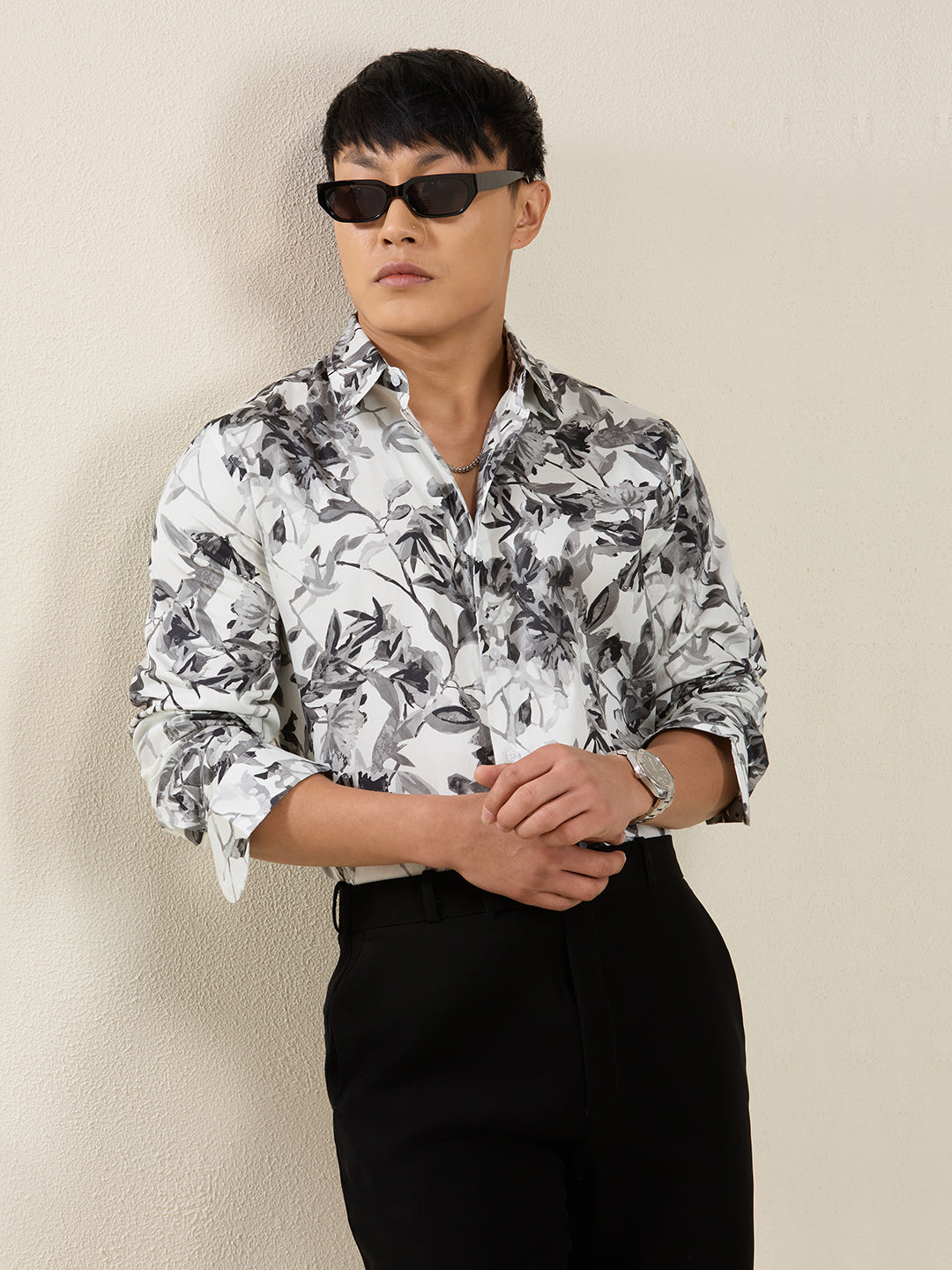 Men's Slim Fit Light Floral Print Cotton Shirt
