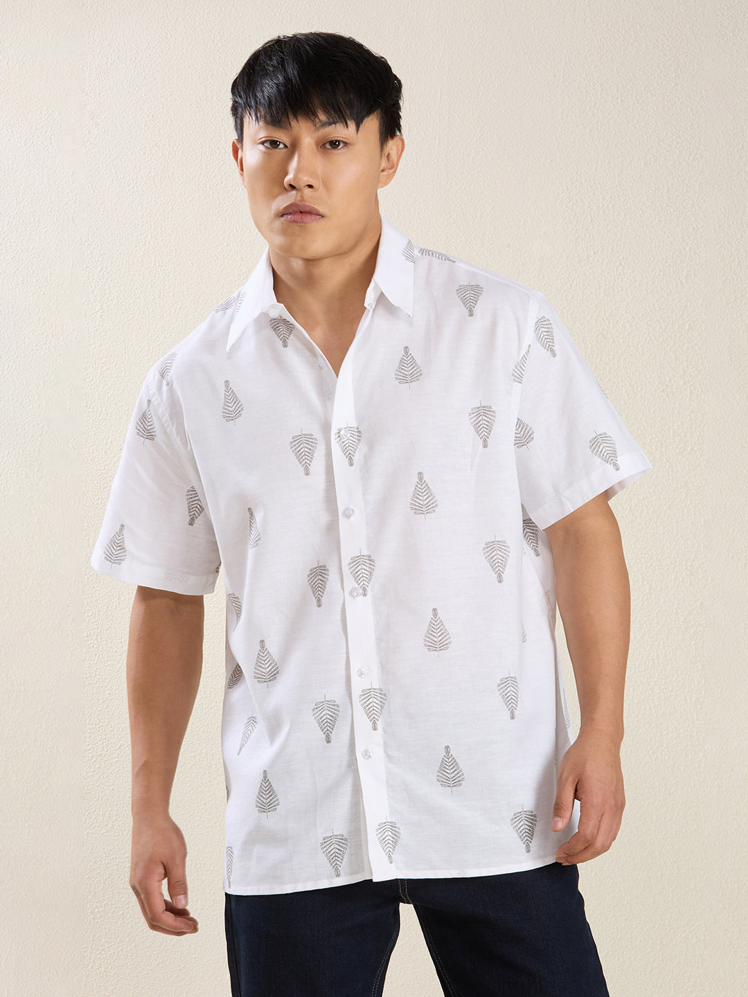 White Grey Leaf Print Pure Linen Half Sleeve Shirt for Men