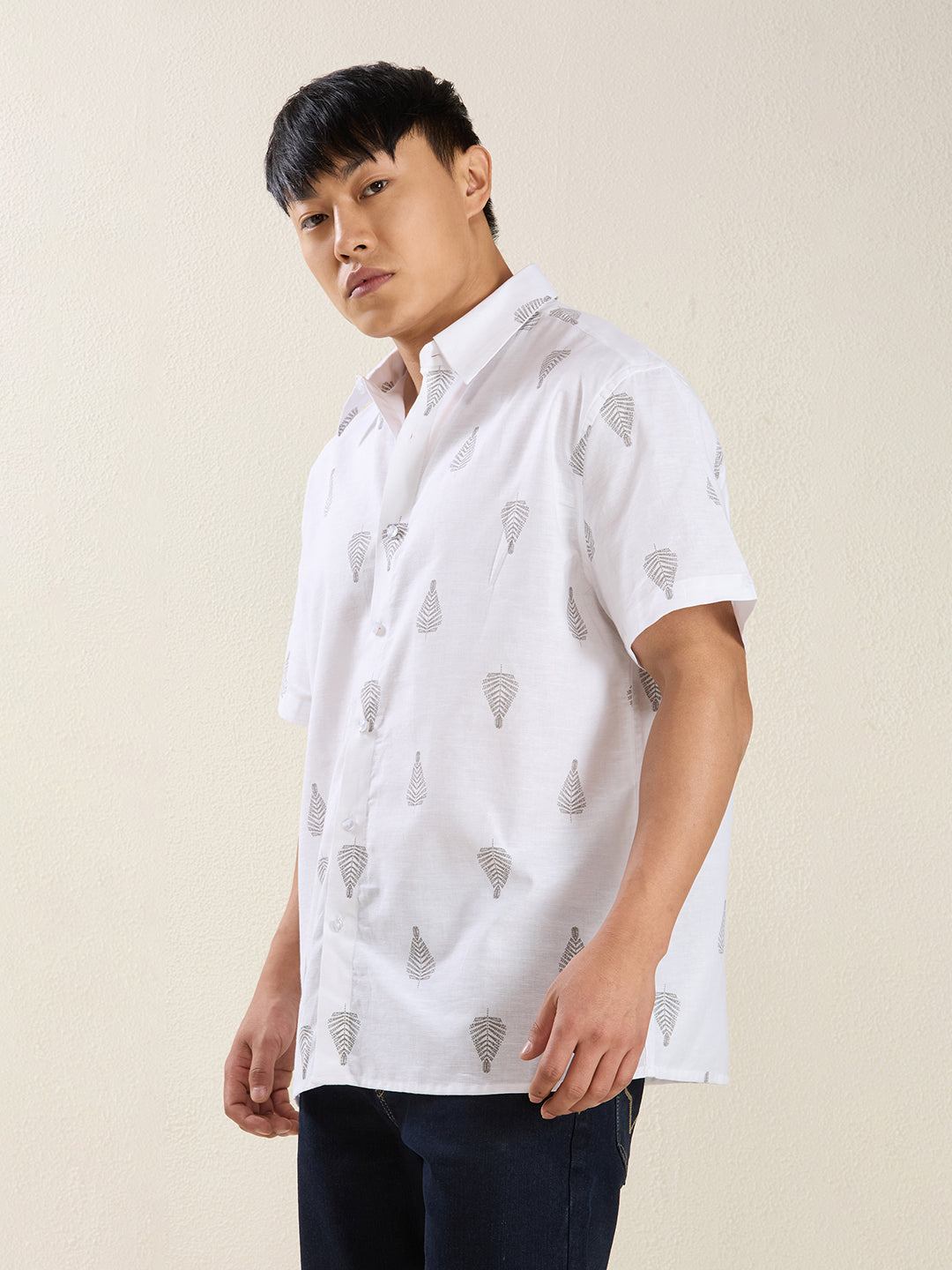 White Grey Leaf Print Pure Linen Half Sleeve Shirt for Men
