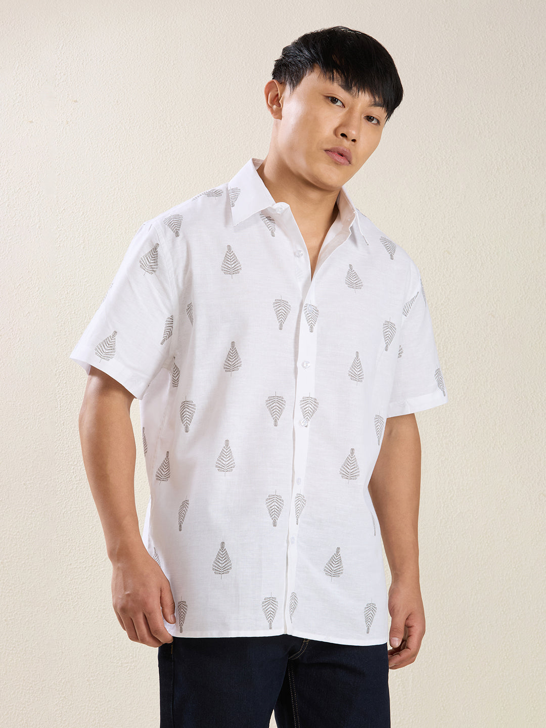 White Grey Leaf Print Pure Linen Half Sleeve Shirt for Men