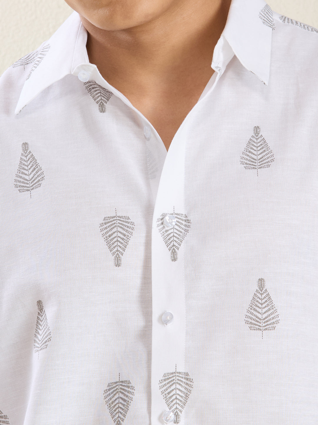 White Grey Leaf Print Pure Linen Half Sleeve Shirt for Men