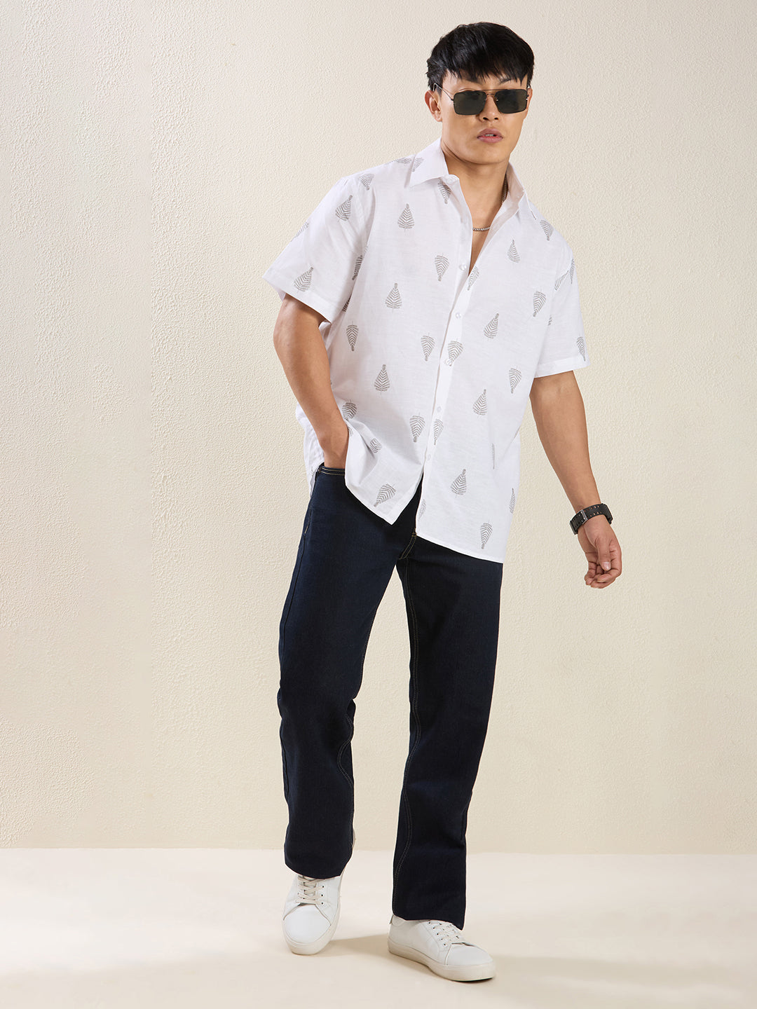 White Grey Leaf Print Pure Linen Half Sleeve Shirt for Men