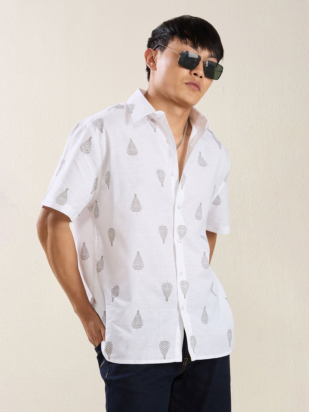 White Grey Leaf Print Pure Linen Half Sleeve Shirt for Men
