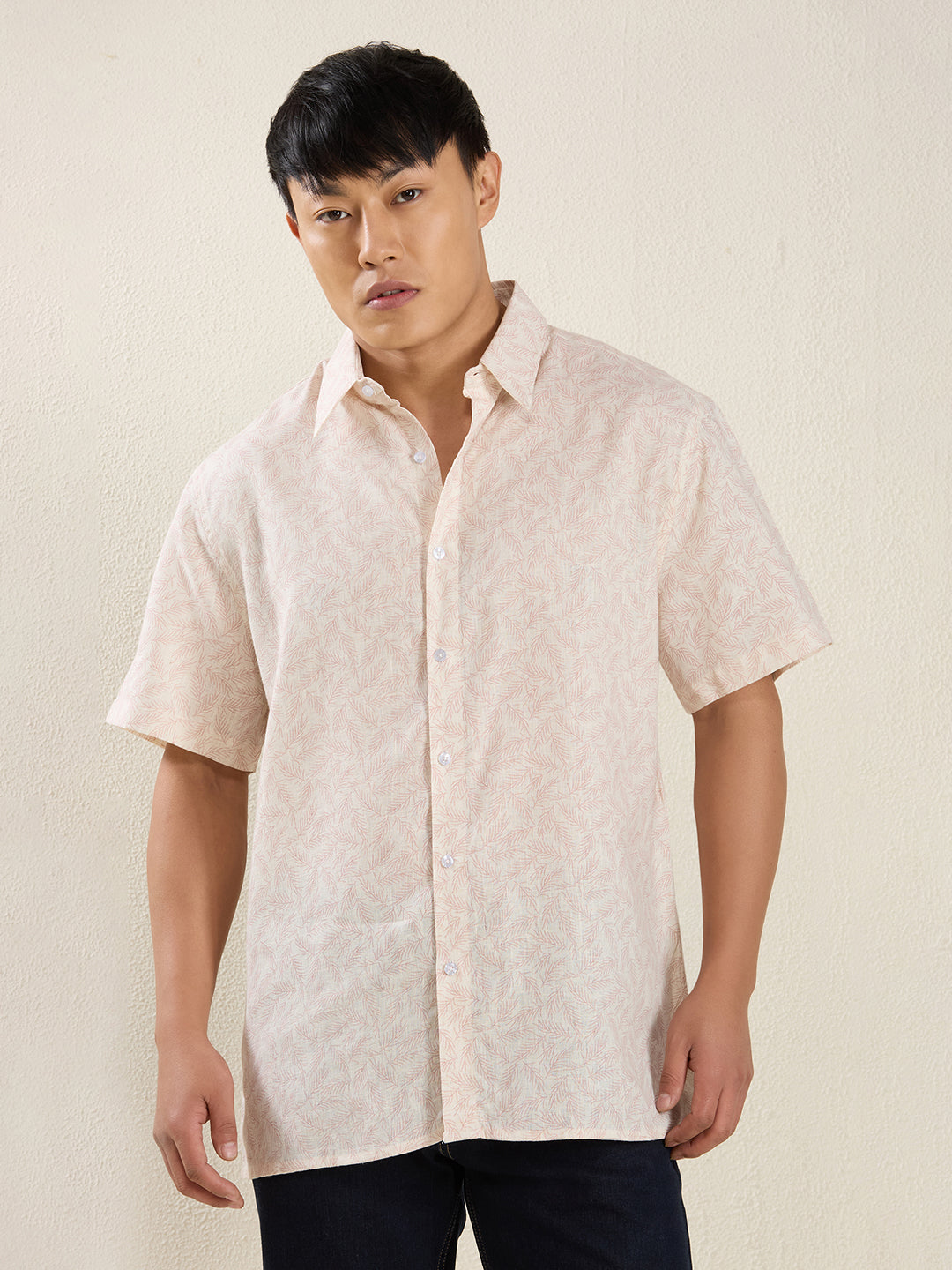 Men's Pure Linen Short Sleeve Peach Leaf Print Shirt