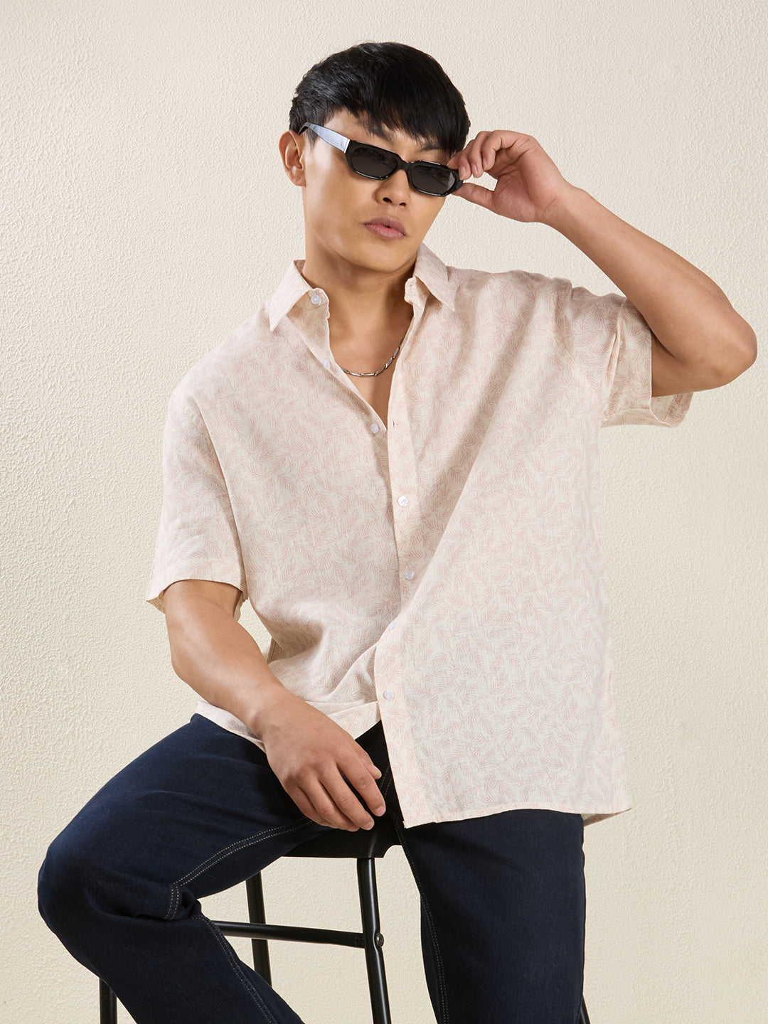 Men's Pure Linen Short Sleeve Peach Leaf Print Shirt