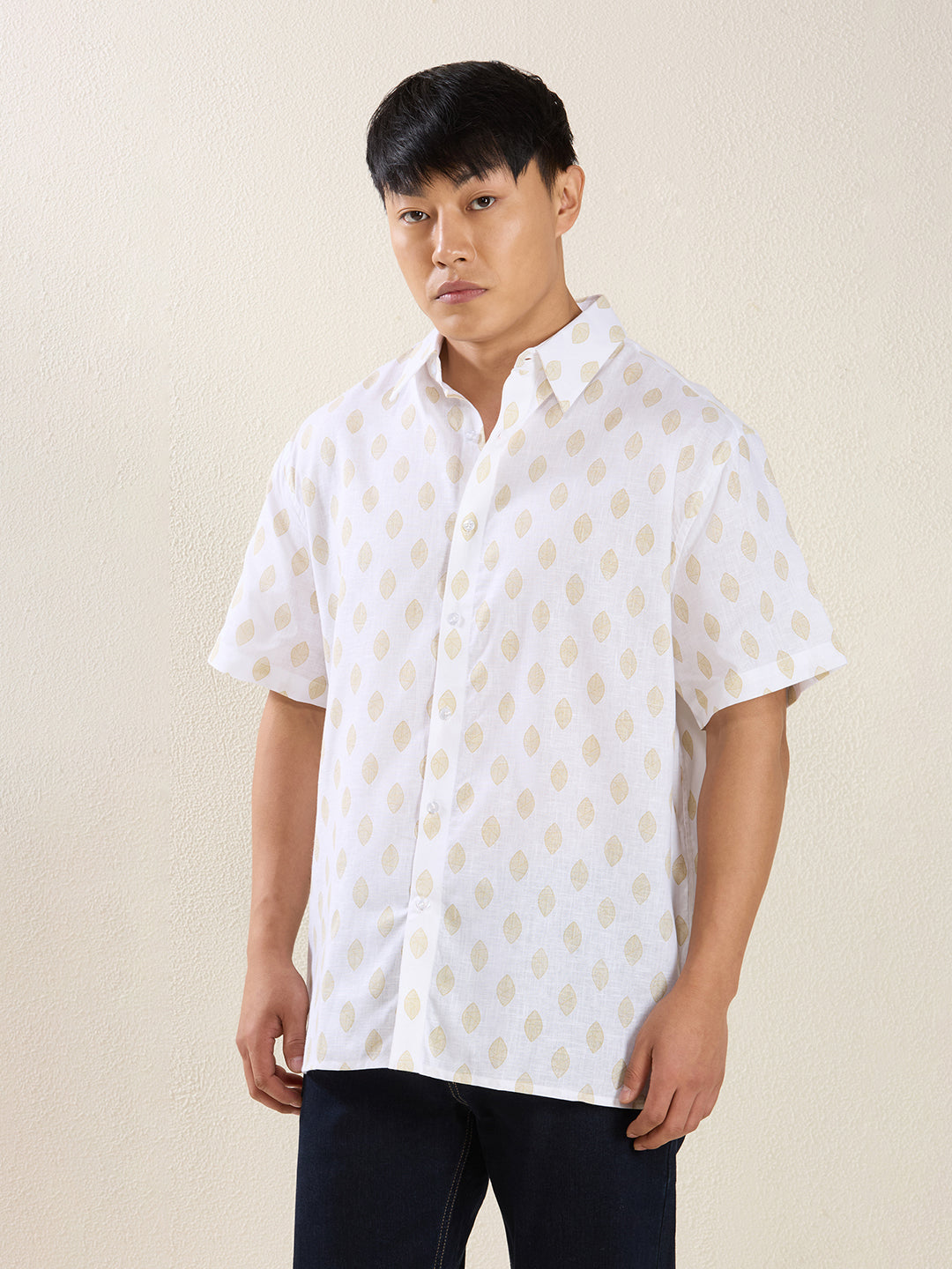 Relaxed Fit Linen Shirt in White & Golden Leaf Print