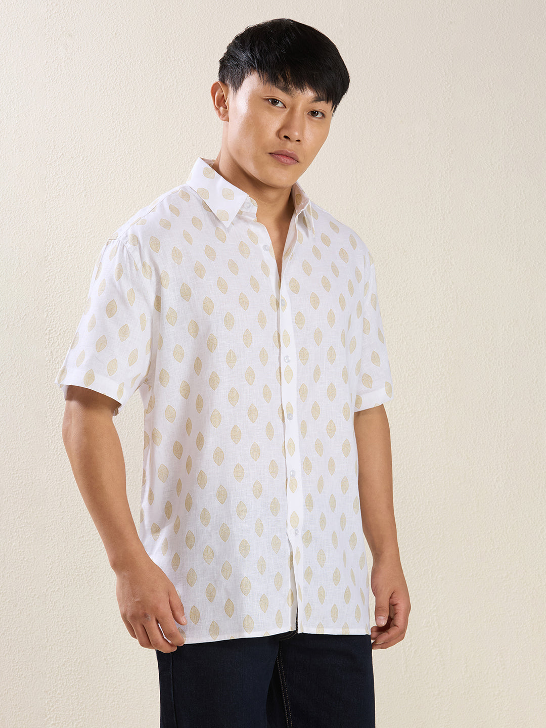 Relaxed Fit Linen Shirt in White & Golden Leaf Print