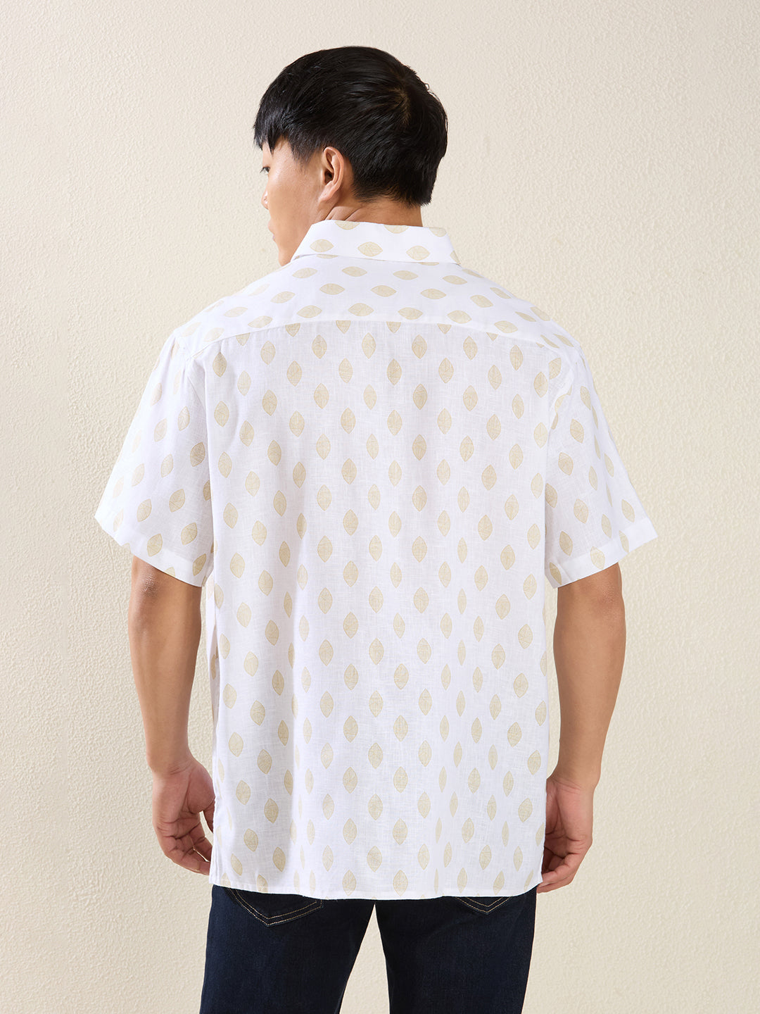Relaxed Fit Linen Shirt in White & Golden Leaf Print