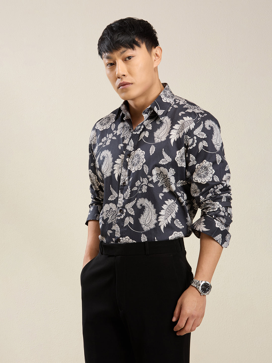 Men's Slim Fit Dark Paisley Cotton Shirt