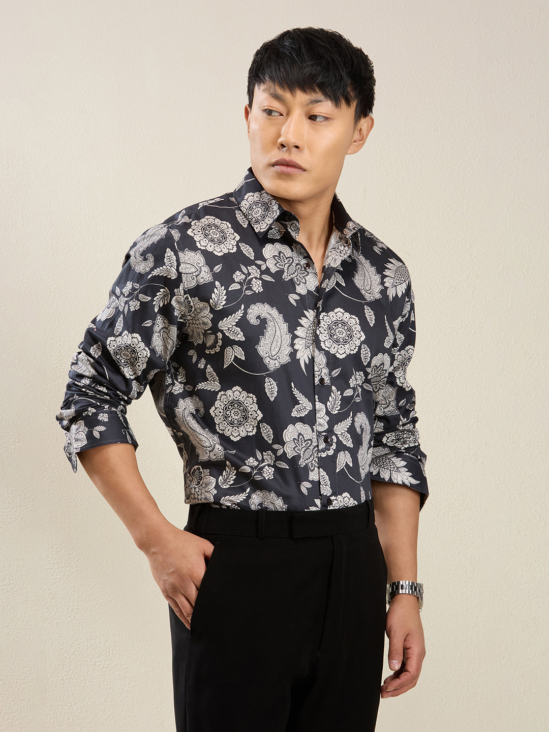 Men's Slim Fit Dark Paisley Cotton Shirt