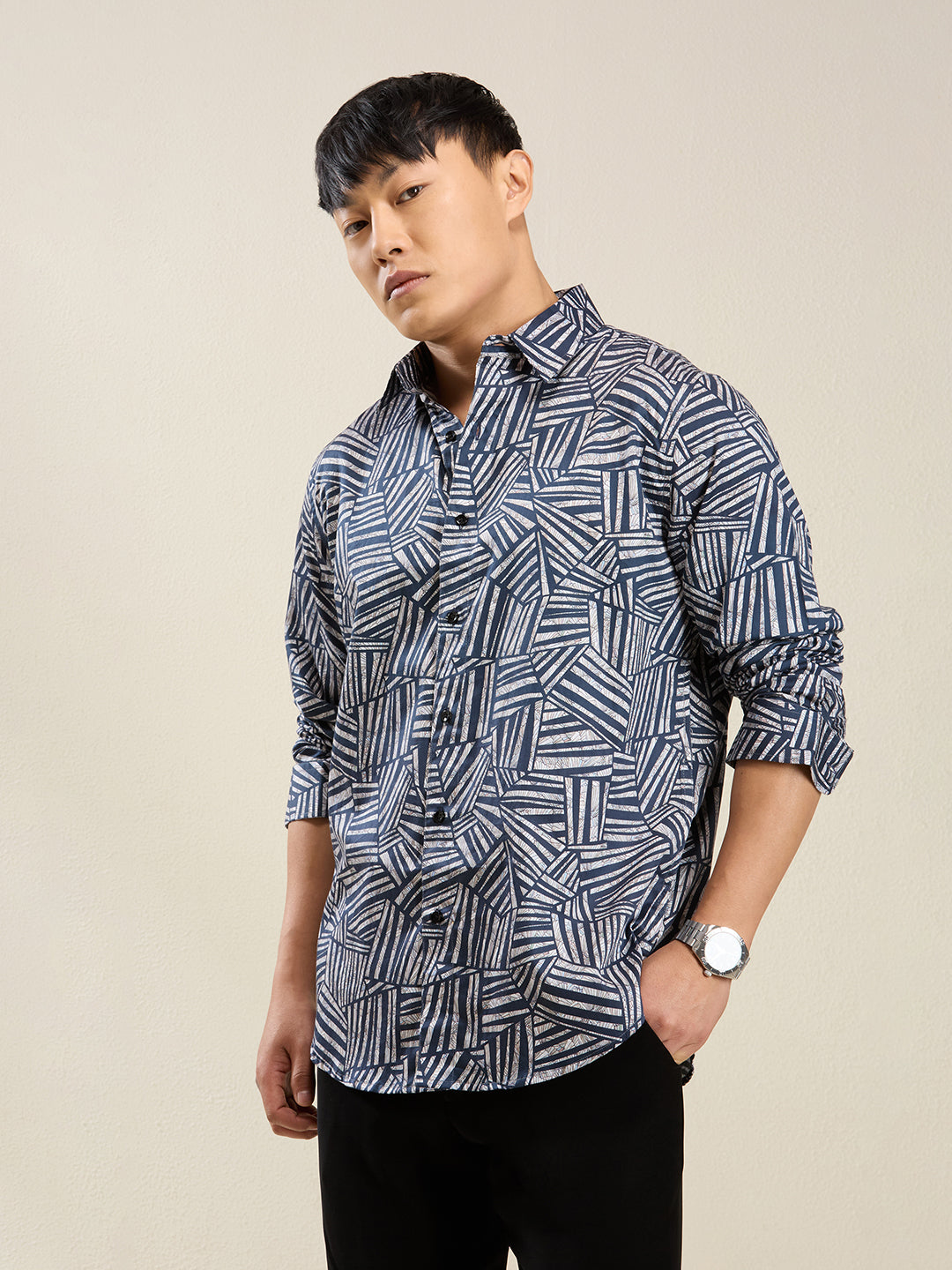 Men's Slim Fit Abstract Print Cotton Shirt - Navy & White