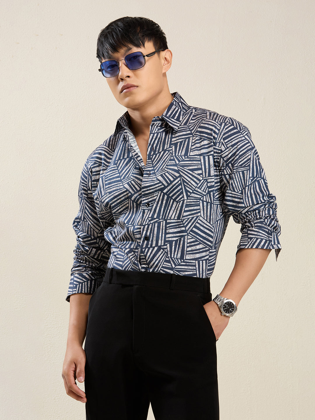 Men's Slim Fit Abstract Print Cotton Shirt - Navy & White