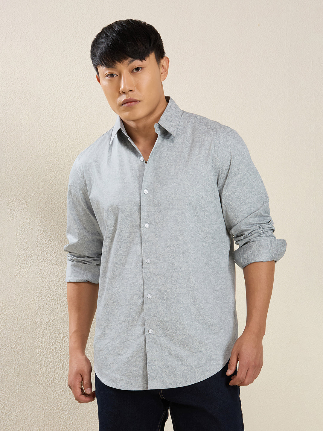 Men’s Grey Textured Print Cotton Shirt