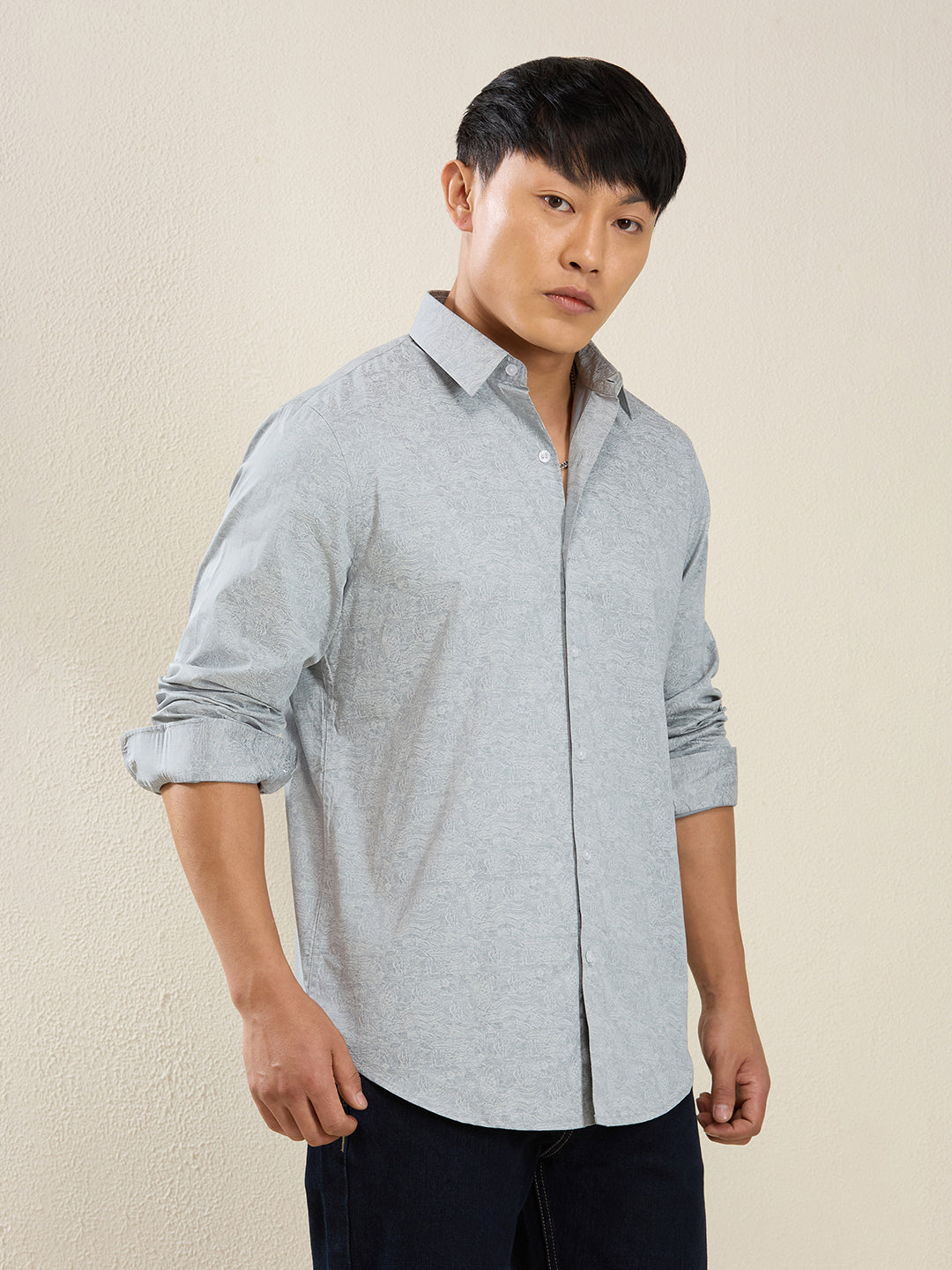 Men’s Grey Textured Print Cotton Shirt