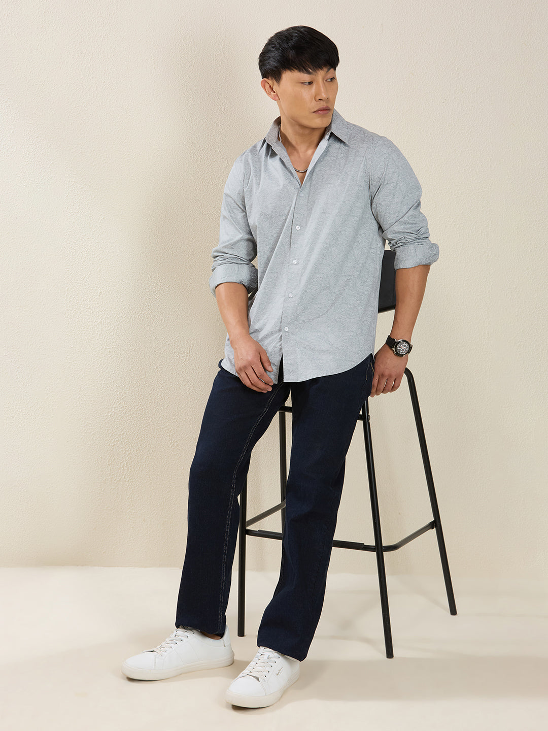 Men’s Grey Textured Print Cotton Shirt