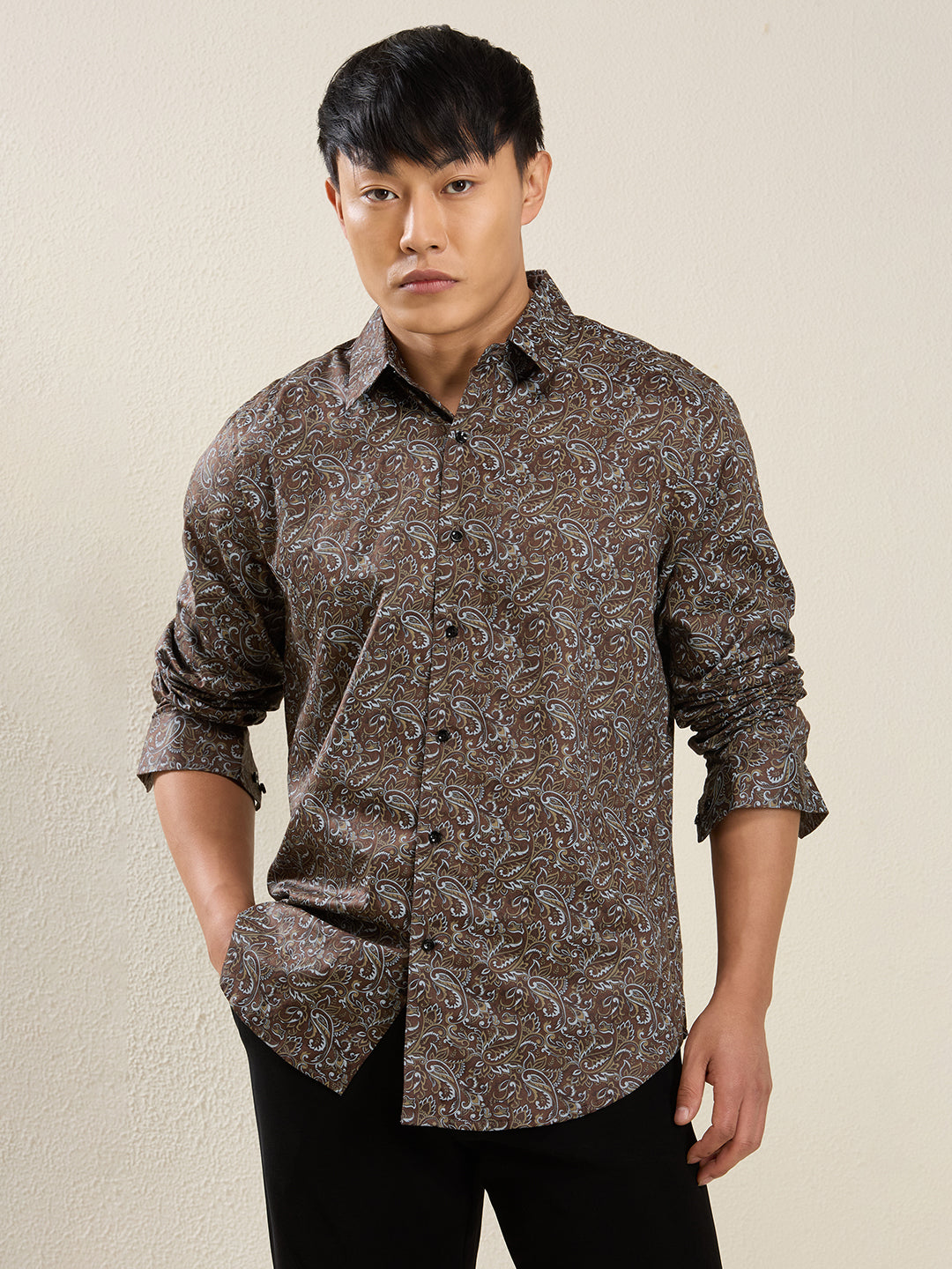 Men's Brown Paisley Print Cotton Shirt
