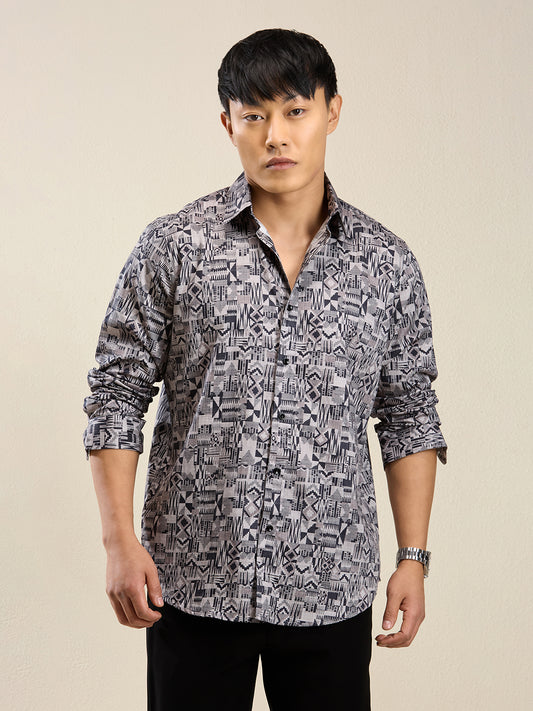 Men's Slim Fit Grey Geometric Print Cotton Shirt