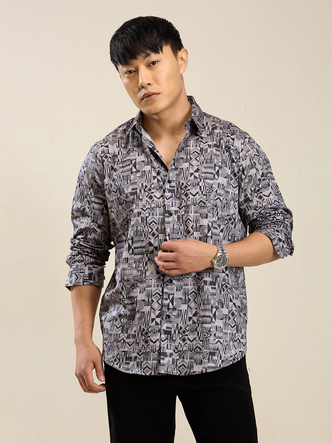 Men's Slim Fit Grey Geometric Print Cotton Shirt