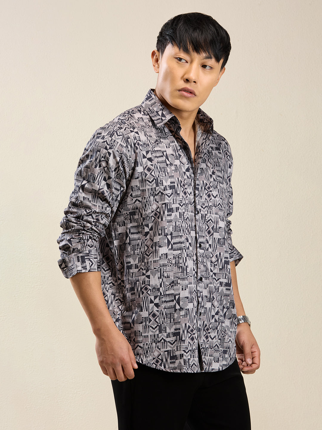Men's Slim Fit Grey Geometric Print Cotton Shirt