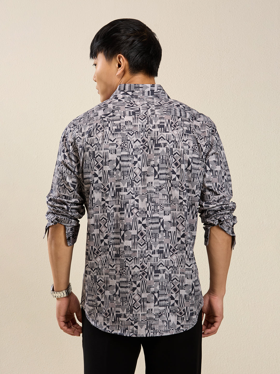 Men's Slim Fit Grey Geometric Print Cotton Shirt
