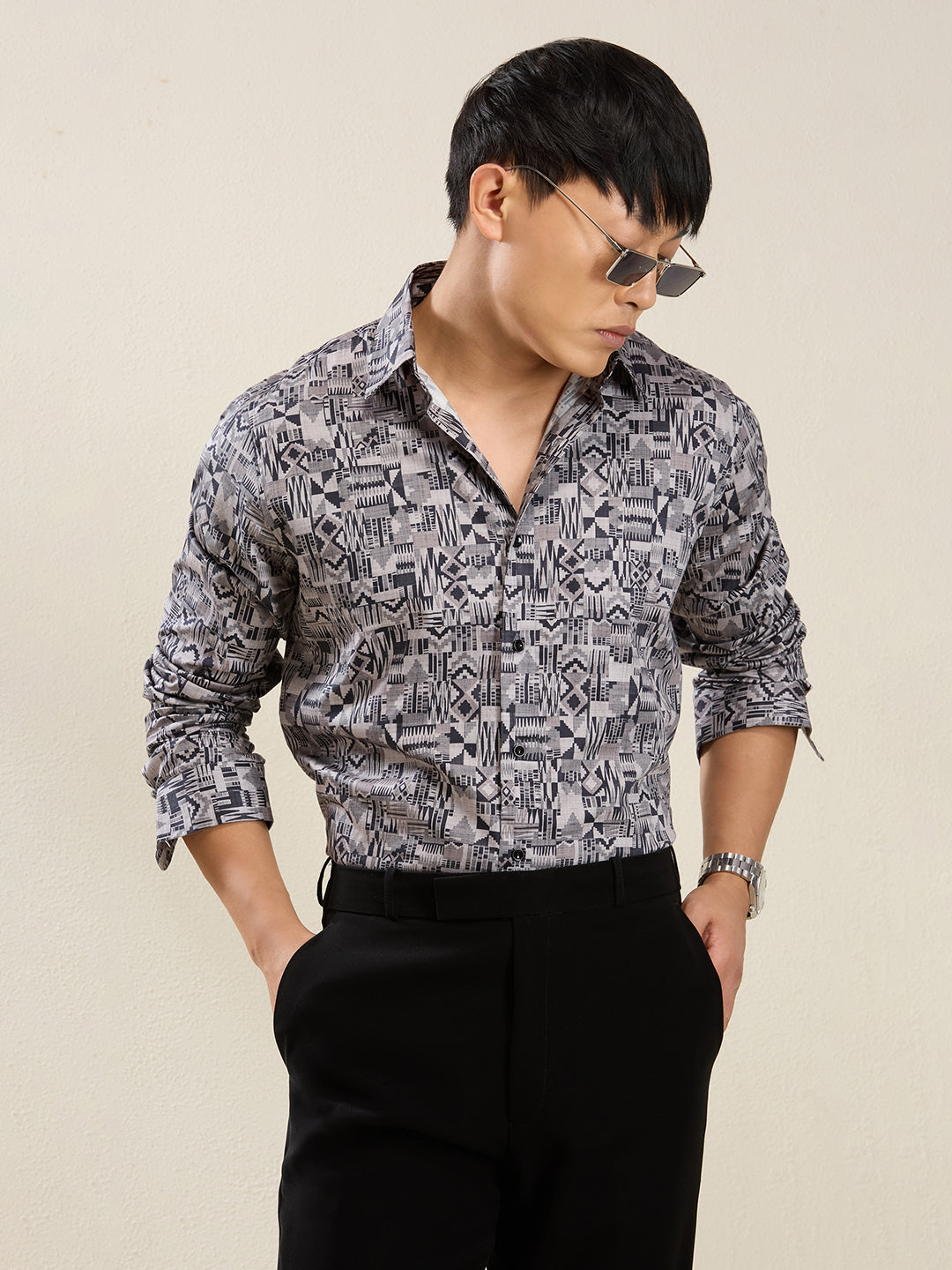 Men's Slim Fit Grey Geometric Print Cotton Shirt