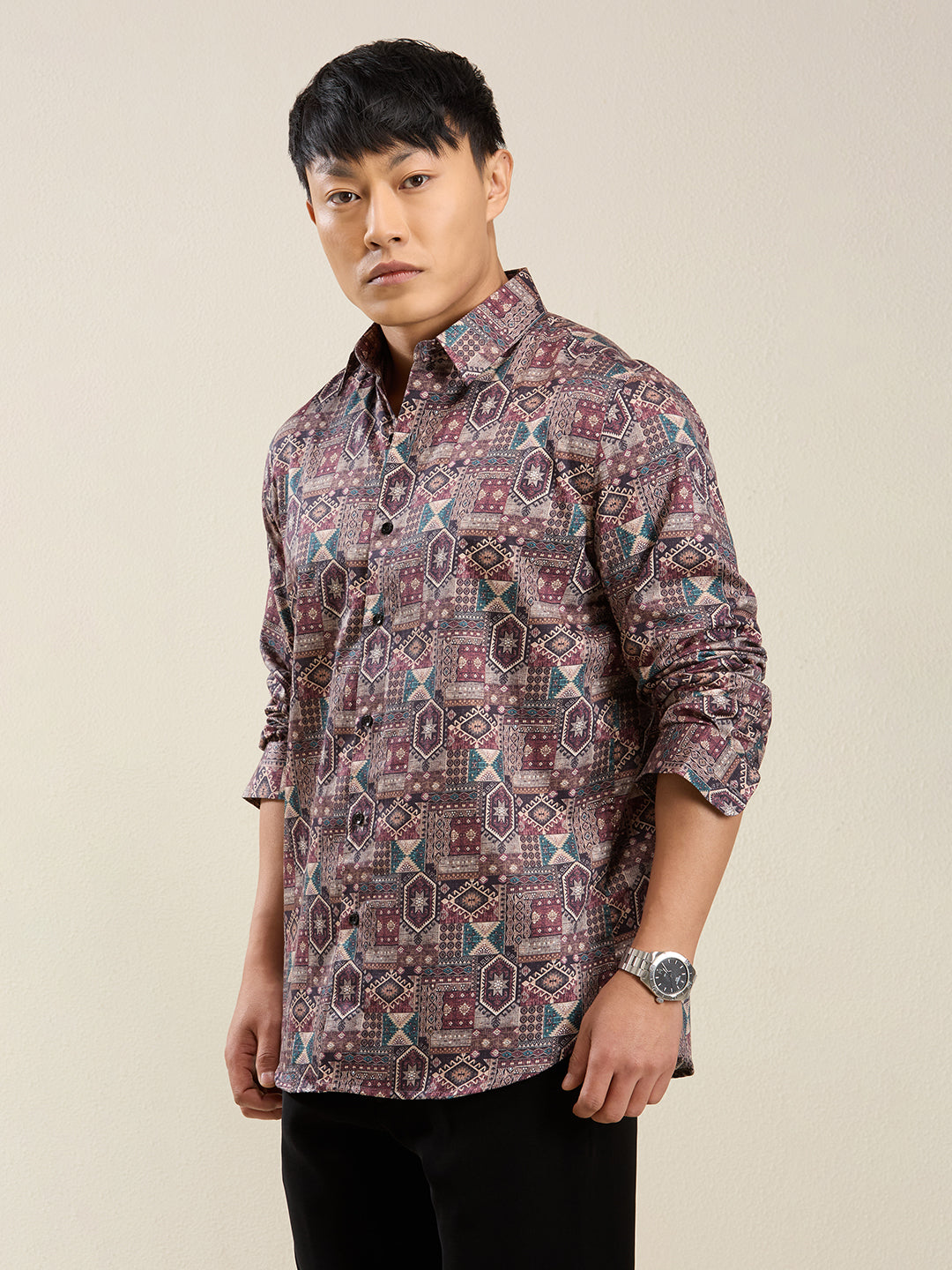 Men's Slim Fit Multi-Geometric Print Cotton Shirt