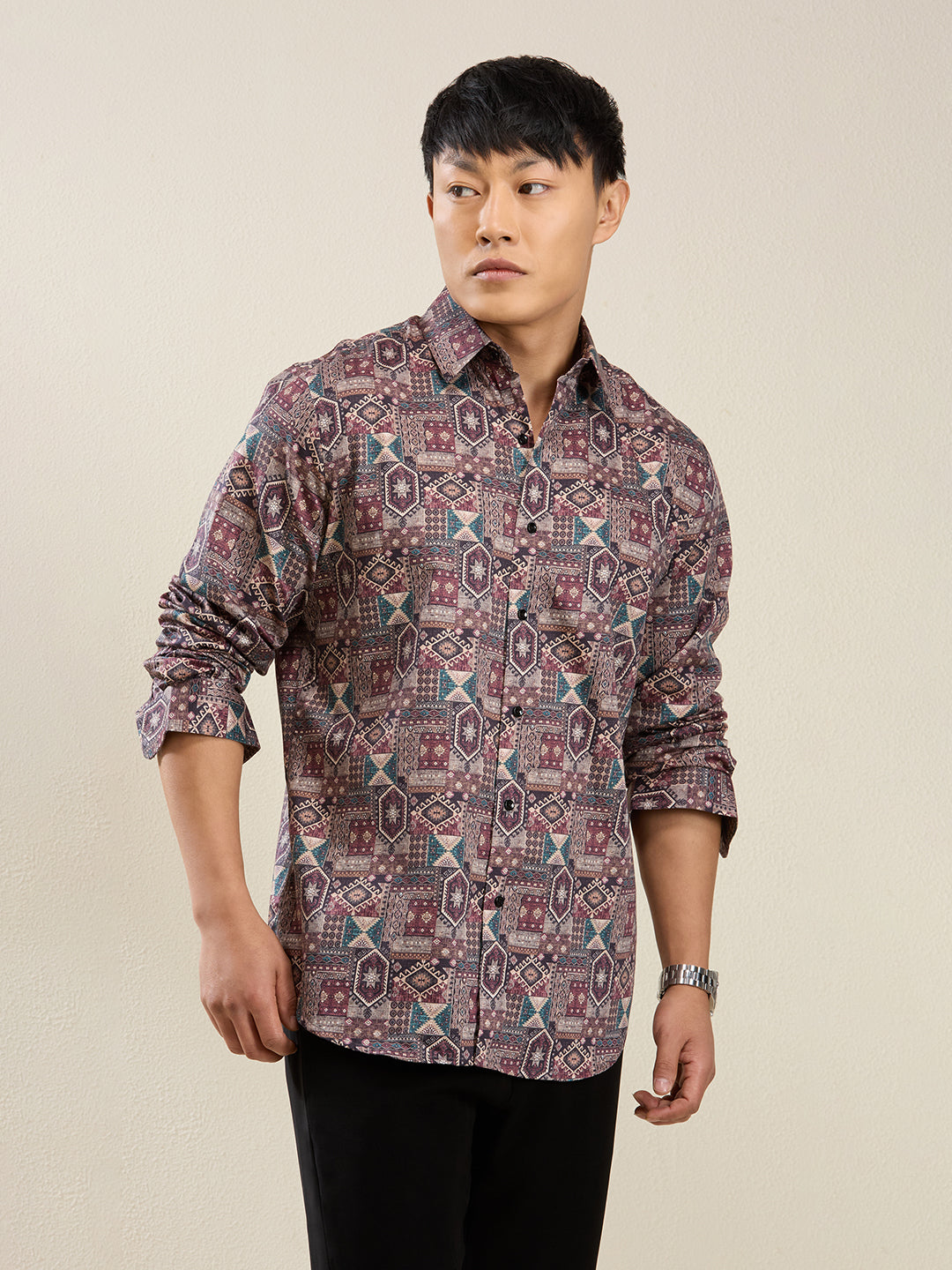 Men's Slim Fit Multi-Geometric Print Cotton Shirt