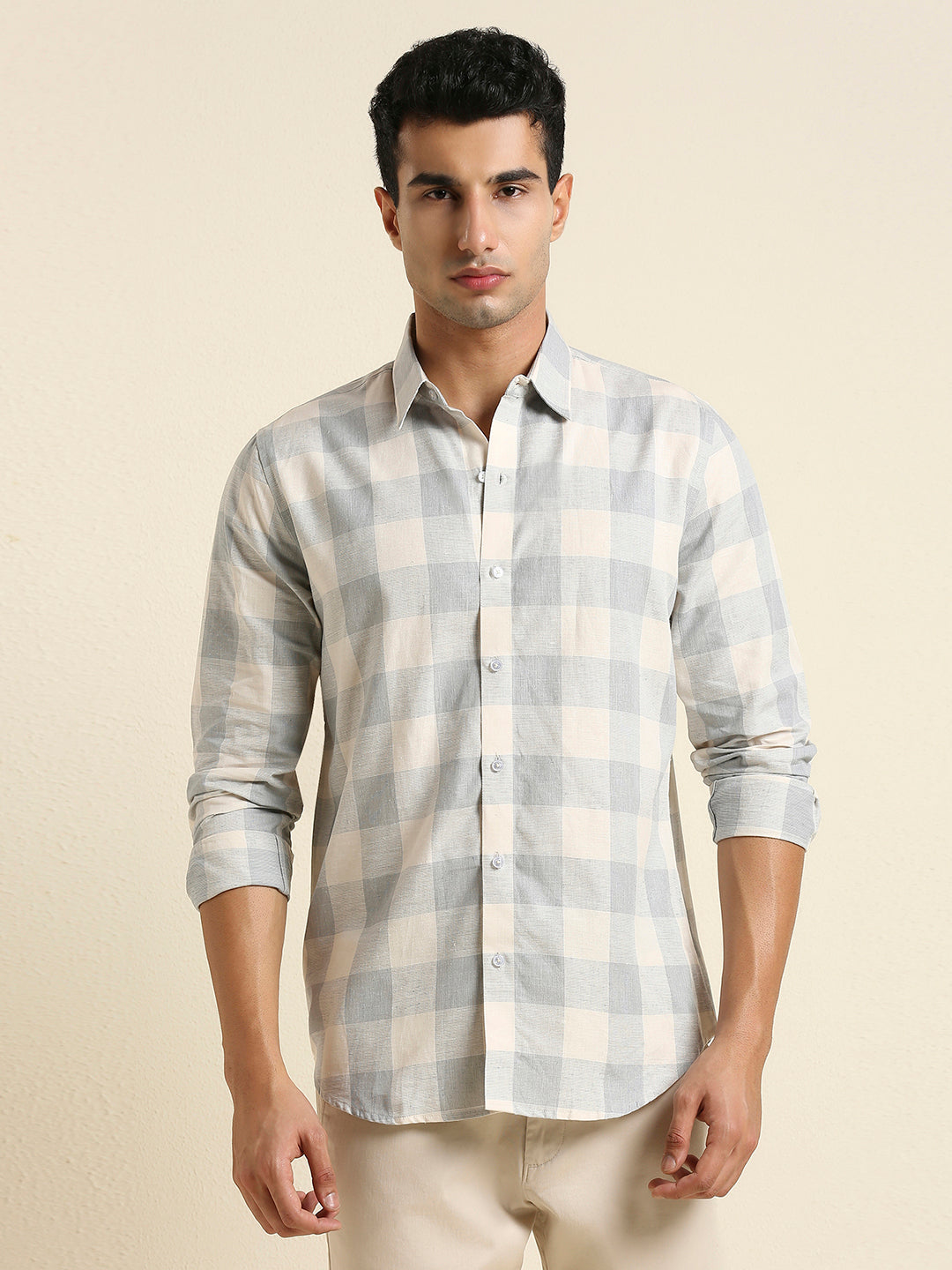 Men's Slim Fit Light Grey Buffalo Check Linen Shirt