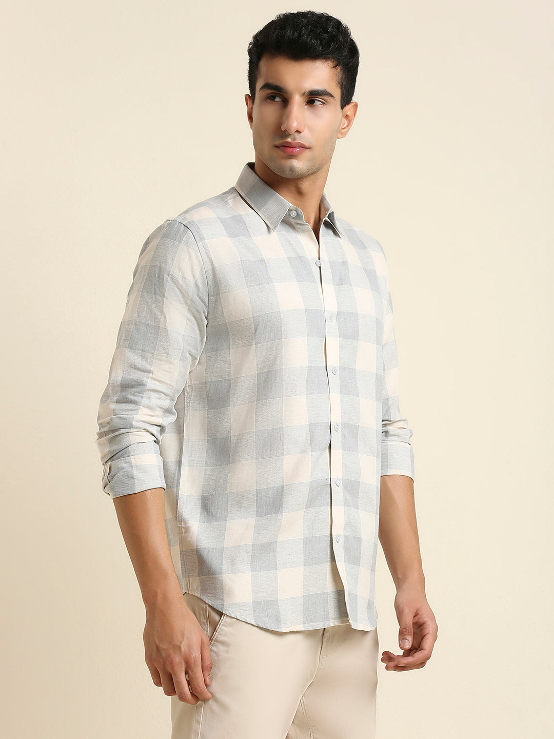 Men's Slim Fit Light Grey Buffalo Check Linen Shirt