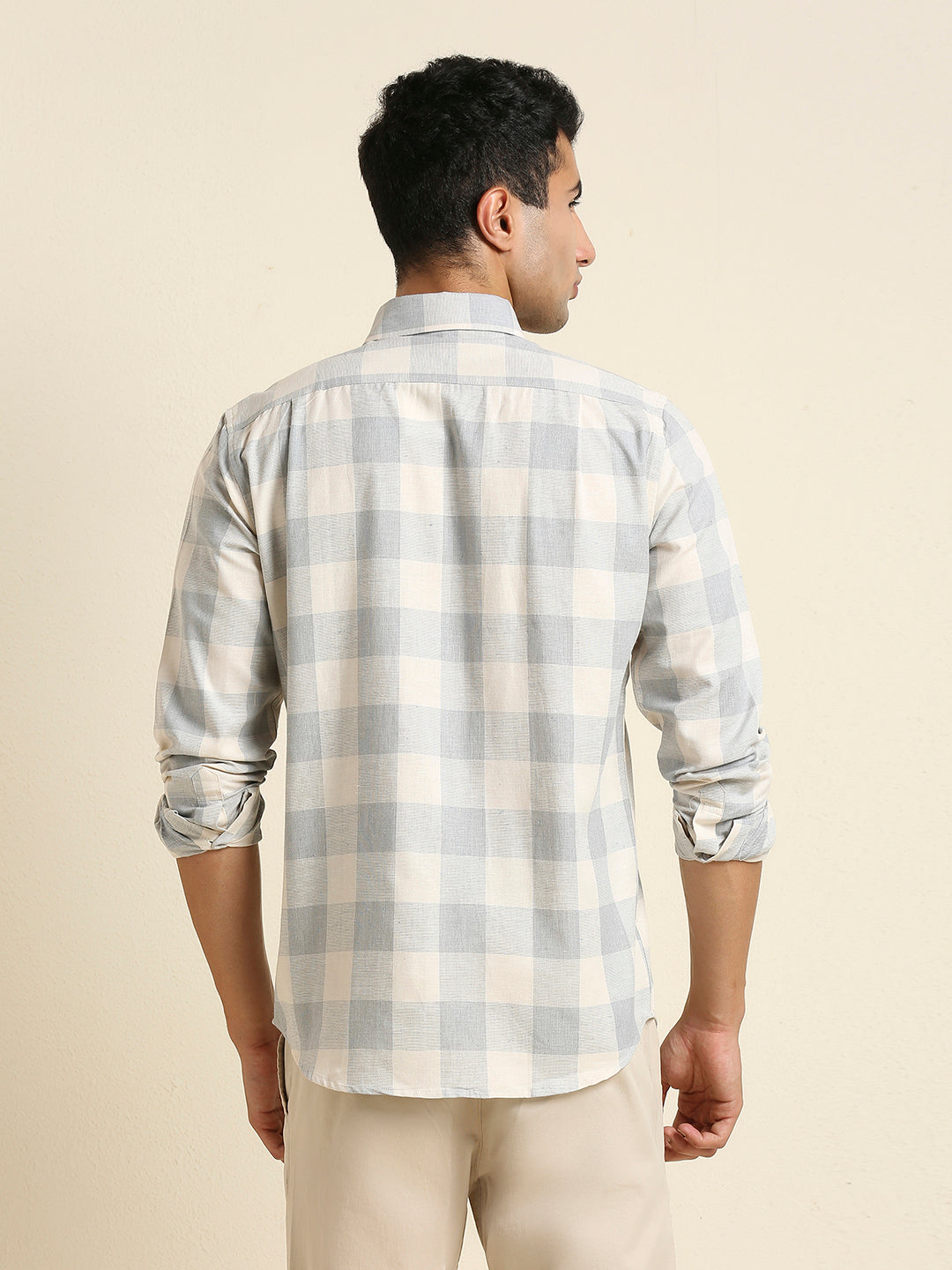 Men's Slim Fit Light Grey Buffalo Check Linen Shirt